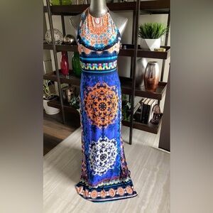 Royal Blue Printed Halter Maxi Dress junior size large women’s size medium open